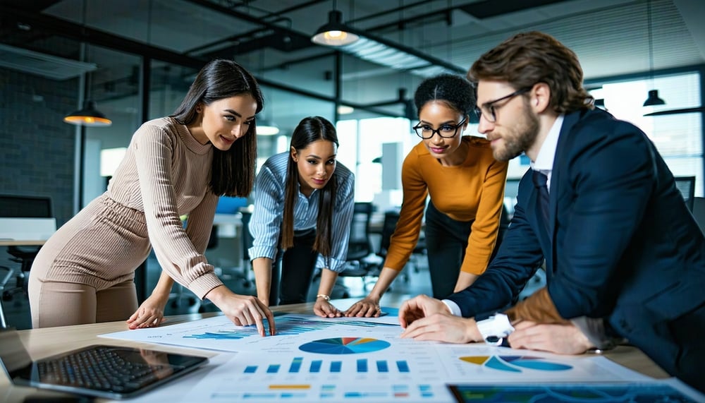 Business team collaborating on CRM automation and data strategies